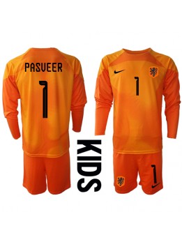 Niederlande Remko Pasveer #1 Torwart Auswärts Trikotsatz für Kinder WM 2022 Langarm (+ Kurze Hosen)